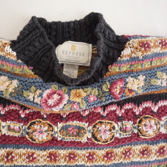Vintage Express Tricot Floral Stripe Textured Chunky Knit Cottagecore Sweater M - Picture 10 of 11